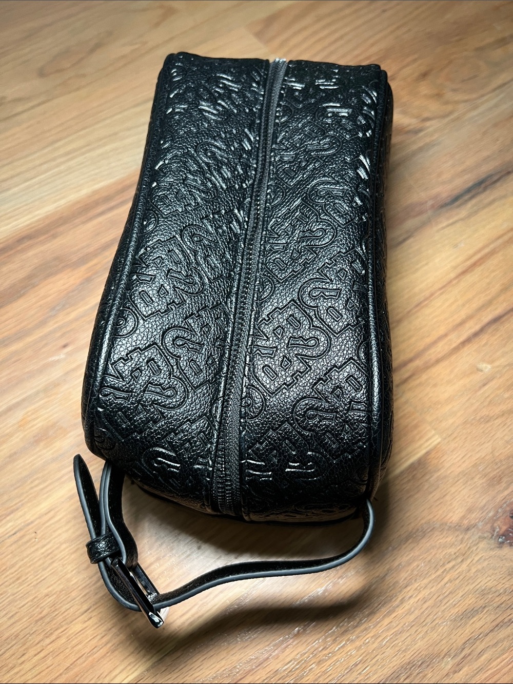 Men's Black Embossed Leather Toiletry Kit with Wrist Strap